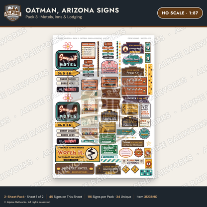 Alpine Railworks 31238HO HO Scale Oatman AZ Signs - Motels & Inns