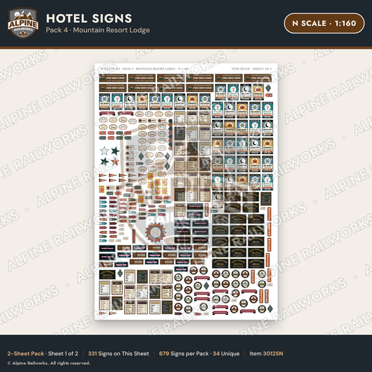 Alpine Railworks 30125N N Scale Hotel Signs - Mountain Resort Lodge