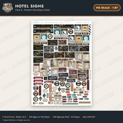 Alpine Railworks 30127HO HO Scale Hotel Signs - Modern Boutique Hotel