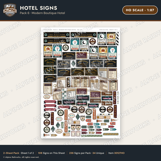 Alpine Railworks 30127HO HO Scale Hotel Signs - Modern Boutique Hotel