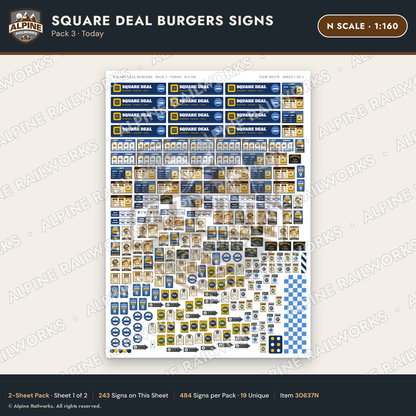 Alpine Railworks 30637N N Scale Fast Food Signs - Square Burgers
