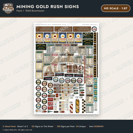 Alpine Railworks 30260HO HO Scale Mining Gold Rush Signs - Boomtown