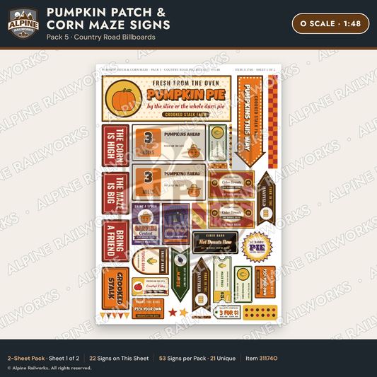 Alpine Railworks 31174O O Scale Farm Signs - Pumpkin Patch & Corn Maze