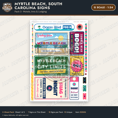 Alpine Railworks 31292G G Scale Myrtle Beach SC Signs - Motels & Inns