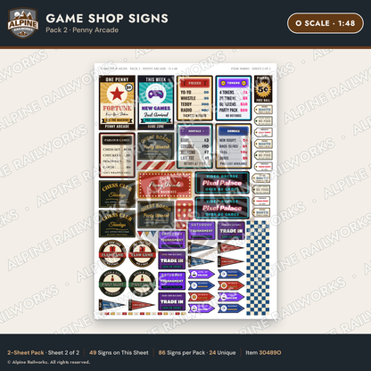 Alpine Railworks 30489O O Scale Game Shop Signs - Penny Arcade