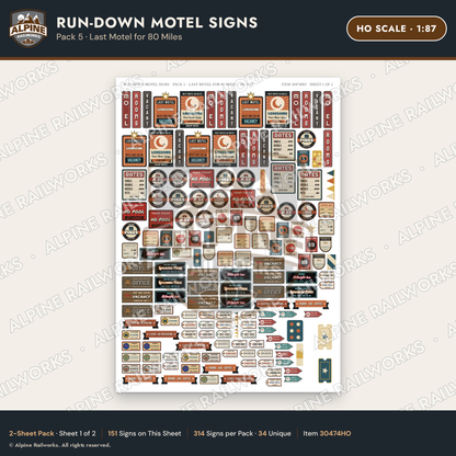 Alpine Railworks 30474HO HO Scale Run-Down Motel Signs