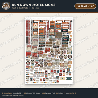 Alpine Railworks 30474HO HO Scale Run-Down Motel Signs