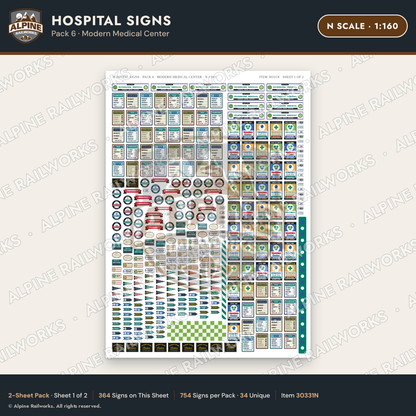 Alpine Railworks 30331N N Scale Hospital Signs - Modern Medical Center