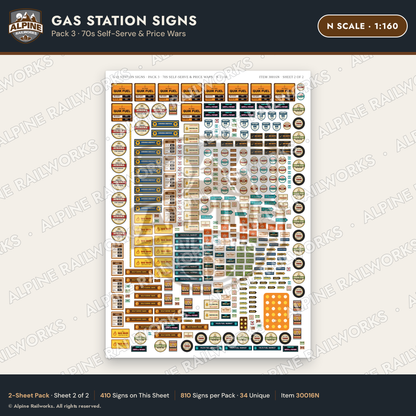 Alpine Railworks 30016N N Scale Gas Station Signs - 70s Self-Serve