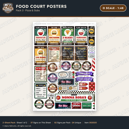 Alpine Railworks 30202O O Scale Food Court Posters - Pizza & Subs