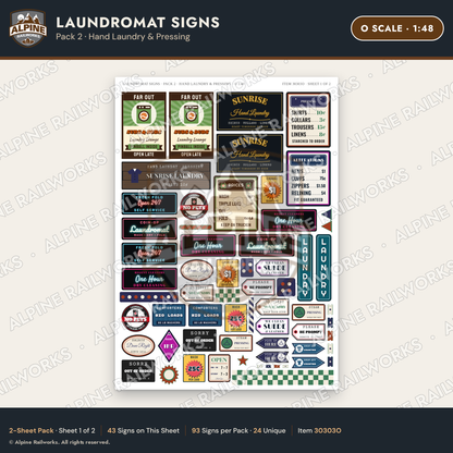 Alpine Railworks 30303O O Scale Laundromat Signs - Hand Laundry