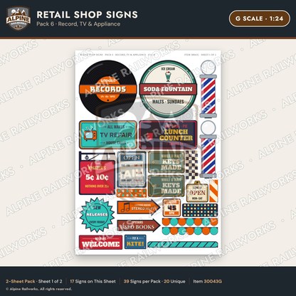 Alpine Railworks 30043G G Scale Retail Shop Signs - Record & TV