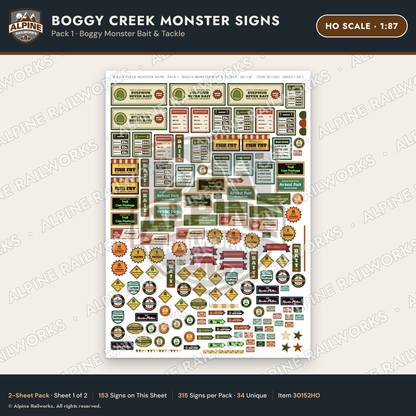 Alpine Railworks 30152HO HO Scale Boggy Creek Monster Signs