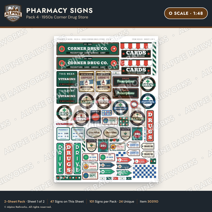 Alpine Railworks 30311O O Scale Pharmacy Signs - Corner Drug Store