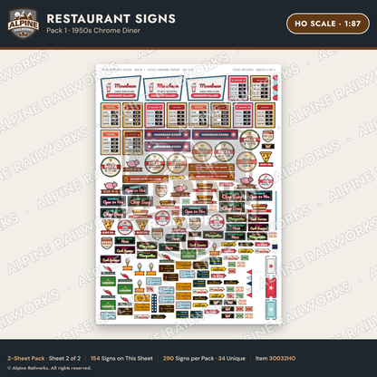 Alpine Railworks 30032HO HO Scale Restaurant Signs - Chrome Diner