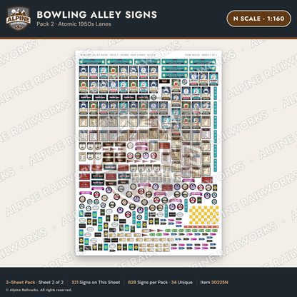 Alpine Railworks 30225N N Scale Bowling Alley Signs - Atomic Lanes