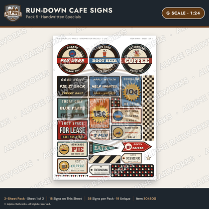 Alpine Railworks 30480G G Scale Run-Down Cafe Signs