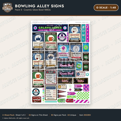 Alpine Railworks 30228O O Scale Bowling Alley Signs - Cosmic Glow Bowl