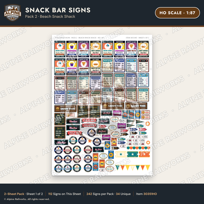 Alpine Railworks 30351HO HO Scale Snack Bar Signs - Beach Snack Shack