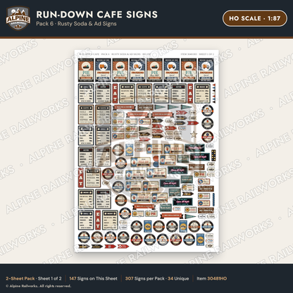 Alpine Railworks 30481HO HO Scale Run-Down Cafe Signs - Rusty Soda