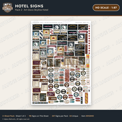 Alpine Railworks 30123HO HO Scale Hotel Signs - Art Deco Skyline Hotel