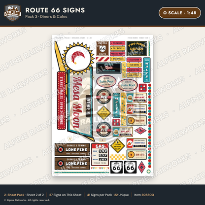 Alpine Railworks 30580O O Scale Route 66 Highway Signs - Diners