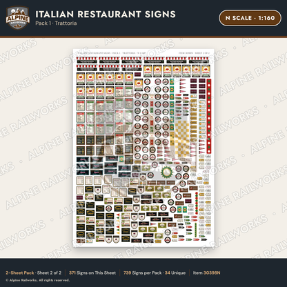 Alpine Railworks 30398N N Scale Italian Restaurant Signs - Trattoria