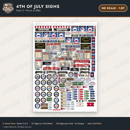 Alpine Railworks 30370HO HO Scale 4th of July Signs - Picnic & BBQ