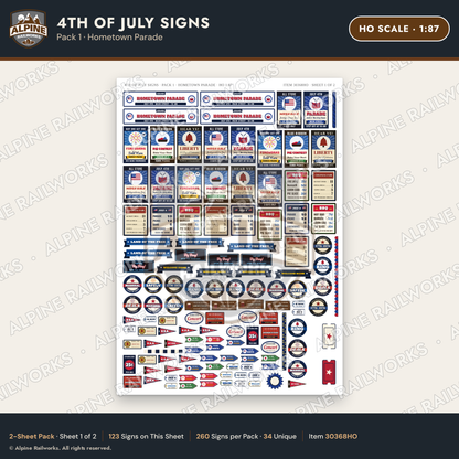 Alpine Railworks 30368HO HO Scale 4th of July Signs - Hometown Parade