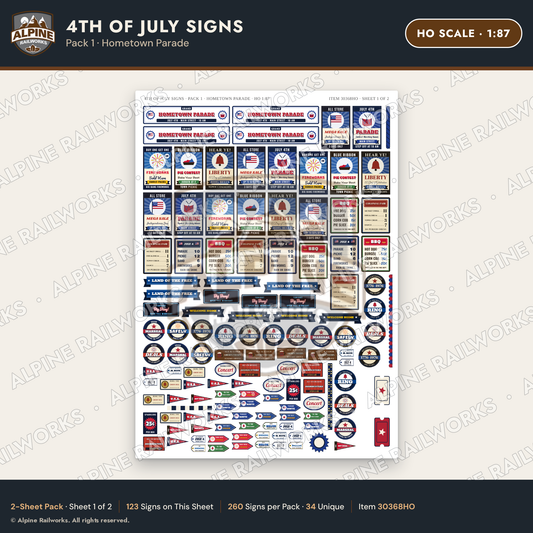 Alpine Railworks 30368HO HO Scale 4th of July Signs - Hometown Parade