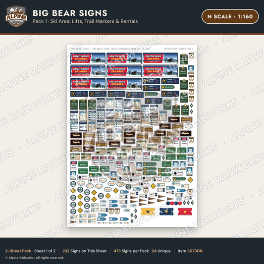Alpine Railworks 30730N N Scale Tourist Signs - Big Bear Lake - Lifts