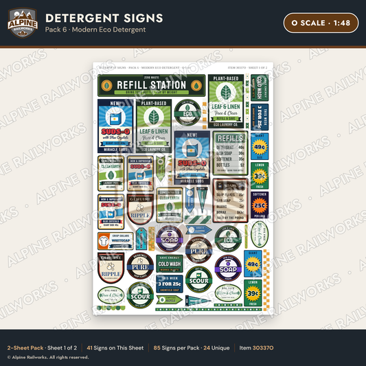 Alpine Railworks 30337O O Scale Detergent Signs - Modern Eco Detergent
