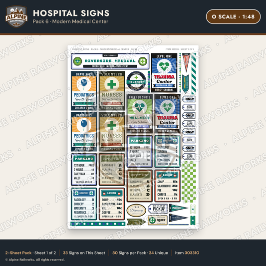 Alpine Railworks 30331O O Scale Hospital Signs - Modern Medical Center