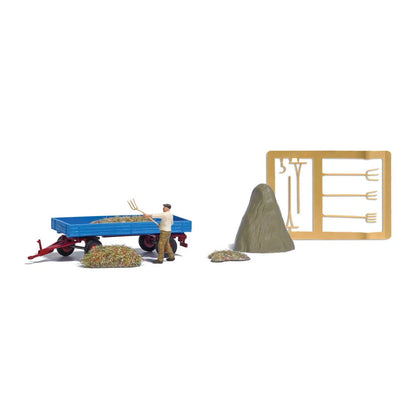 Busch 79851 HO Scale Hay Harvest - Action Set -- Low-Side Farm Trailer, 3 Hay St