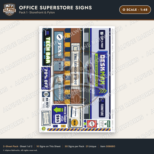 Alpine Railworks 30668O O Scale Office Superstore Signs - Storefront