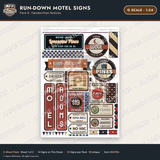 Alpine Railworks 30475G G Scale Run-Down Motel Signs