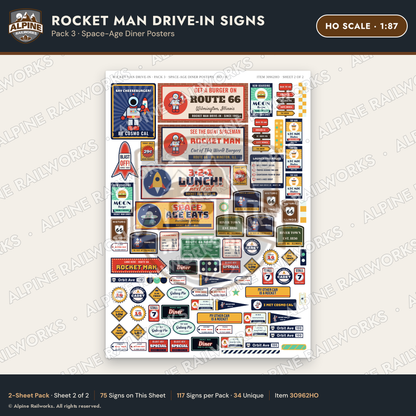 Alpine Railworks 30962HO HO Scale Roadside Signs - Spaceman Drive-In