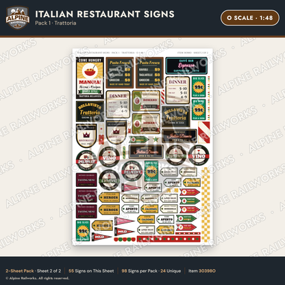 Alpine Railworks 30398O O Scale Italian Restaurant Signs - Trattoria