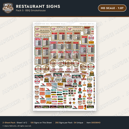Alpine Railworks 30036HO HO Scale Restaurant Signs - BBQ Smokehouse