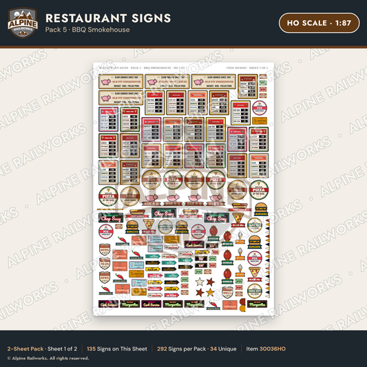 Alpine Railworks 30036HO HO Scale Restaurant Signs - BBQ Smokehouse