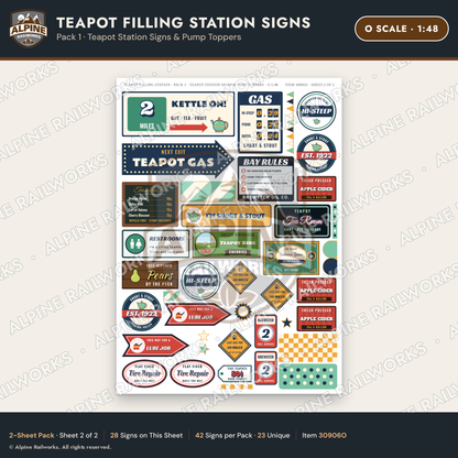 Alpine Railworks 30906O O Scale Roadside Signs - Teapot Gas Station