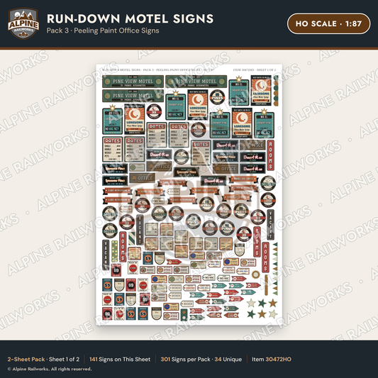 Alpine Railworks 30472HO HO Scale Run-Down Motel Signs