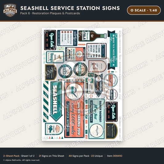 Alpine Railworks 30941O O Scale Roadside Signs - Seashell Gas Station