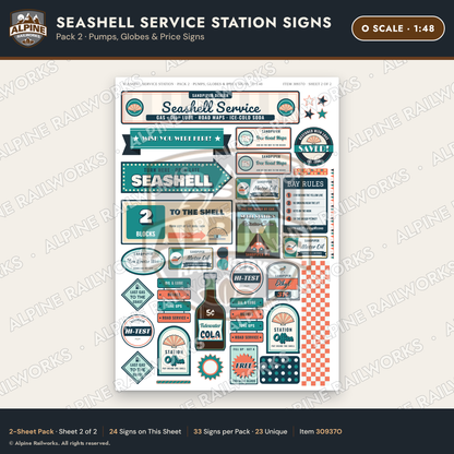 Alpine Railworks 30937O O Scale Roadside Signs - Seashell Gas Station