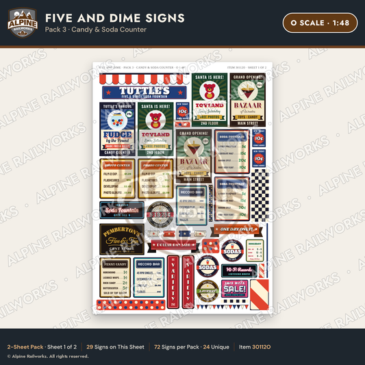 Alpine Railworks 30112O O Scale Five and Dime Signs - Candy