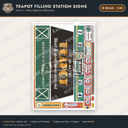 Alpine Railworks 30910O O Scale Roadside Signs - Teapot Gas Station