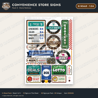 Alpine Railworks 30504G G Scale Convenience Store Signs