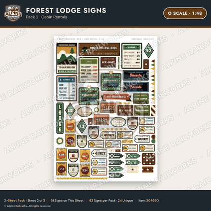 Alpine Railworks 30465O O Scale Forest Lodge Signs - Cabin Rentals
