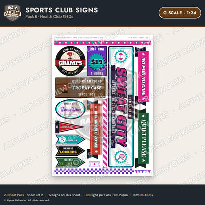 Alpine Railworks 30463G G Scale Sports Club Signs - Health Club 1980s
