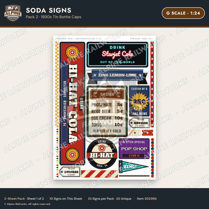 Alpine Railworks 30339G G Scale Soda Signs - 1930s Tin Bottle Caps